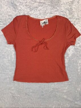 Belle Du Jour Rust Tie-Front Ribbed Crop Top